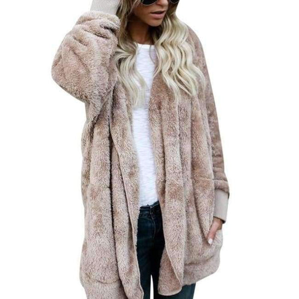 Planet Gates Khaki / S New Year Spring Faux Fur Teddy Bear Coat Jacket Women Fashion Open Stitch Hooded Coat Female Long Sleeve Fuzzy Jacket
