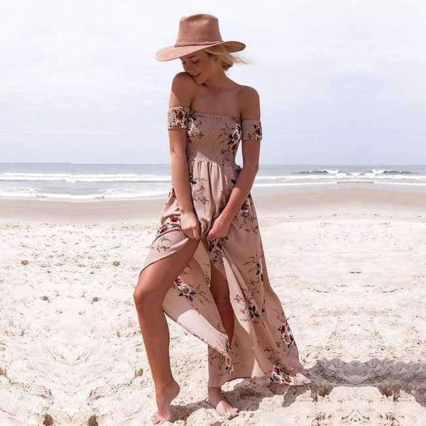 Planet Gates Khaki / S Off Shoulder Long Summer Dress Women 2018 Slash Neck Backless Boho Beach Sundress Female Sleeveless Sexy Floor Length Robe Femme