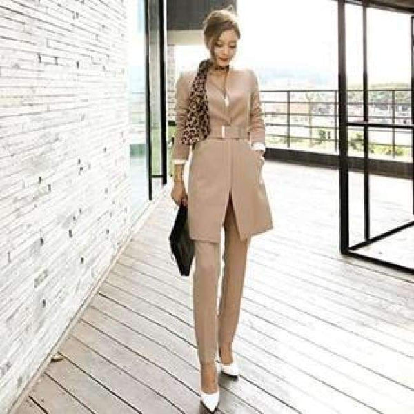 Planet Gates khaki / S Suits For Women Blazer Set Autumn Lady Business Office Work Korean Style Uniform V-neck Long Jacket Elegant Pants Suits