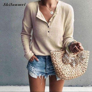 Planet Gates khaki / S V Neck Women T Shirt Punk Long Sleeve Autumn Tshirt Woman T-Shirts Slim Tees Cotton Tops Button Ropa Mujer Women Tops