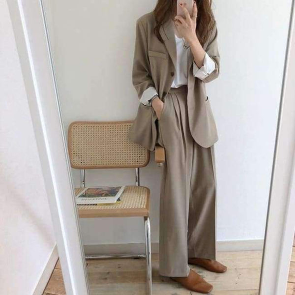 Planet Gates khaki / S Women Pant Suits Boyfriend Style Single Breasted Blazer & Wide Leg Pants Casual 2 Pieces Set 2018 high quality
