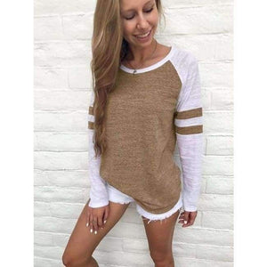 Planet Gates Khaki / S Women Striped Splicing Baseball Tshirt 2018 Spring Autumn O Neck Long Sleeve Top Tees All Matched T Shirt Plus Size 5XL