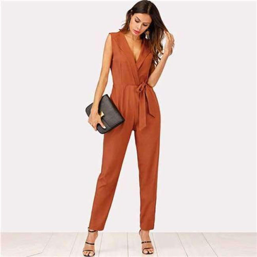 Planet Gates Khaki / S Zip Back Shawl Collar Knot Jumpsuits 2018 Summer V neck Sleeveless Jumpsuits Women Khaki High Waist Casual Jumpsuit