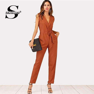 Planet Gates Khaki / S Zip Back Shawl Collar Knot Jumpsuits 2018 Summer V neck Sleeveless Jumpsuits Women Khaki High Waist Casual Jumpsuit