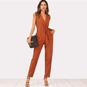 Planet Gates Khaki / S Zip Back Shawl Collar Knot Jumpsuits 2018 Summer V neck Sleeveless Jumpsuits Women Khaki High Waist Casual Jumpsuit
