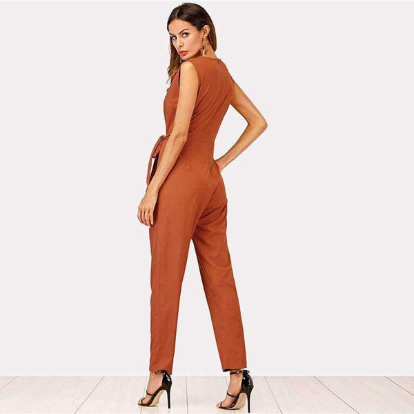 Planet Gates Khaki / S Zip Back Shawl Collar Knot Jumpsuits 2018 Summer V neck Sleeveless Jumpsuits Women Khaki High Waist Casual Jumpsuit