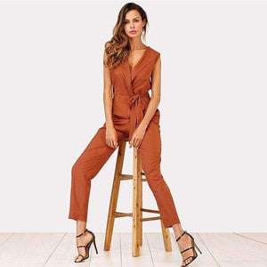Planet Gates Khaki / S Zip Back Shawl Collar Knot Jumpsuits 2018 Summer V neck Sleeveless Jumpsuits Women Khaki High Waist Casual Jumpsuit