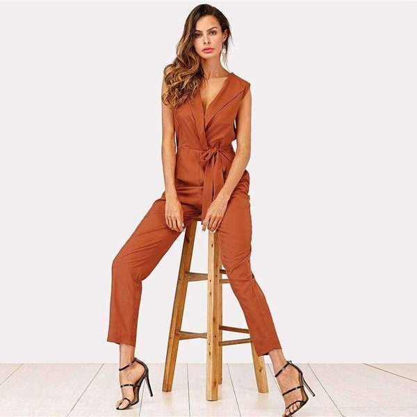 Planet Gates Khaki / S Zip Back Shawl Collar Knot Jumpsuits 2018 Summer V neck Sleeveless Jumpsuits Women Khaki High Waist Casual Jumpsuit