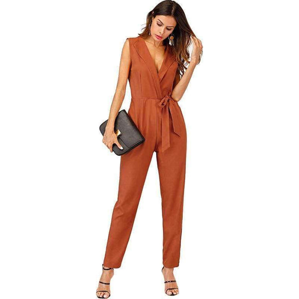 Planet Gates Khaki / S Zip Back Shawl Collar Knot Jumpsuits 2018 Summer V neck Sleeveless Jumpsuits Women Khaki High Waist Casual Jumpsuit