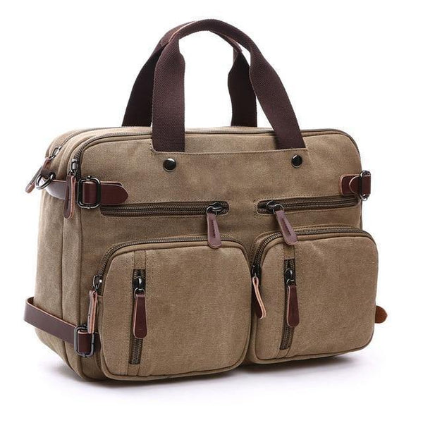 Planet Gates Khaki Scione Men Canvas Bag Leather Briefcase Travel Suitcase Messenger Shoulder Tote Back Handbag Large Casual Business Laptop Pocket
