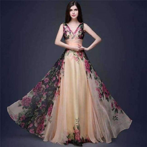 Planet Gates Khaki / XXL 3D Designs Spaghetti Strap Floral Print maxi dress Evening Gowns Floor Length vestidos de festa Chiffon Flower Long Party Dress