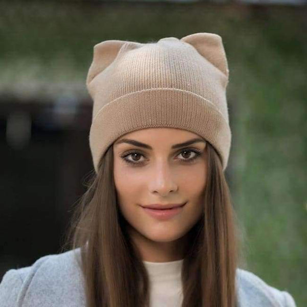 Planet Gates khaki YIFEI Cute Kitty Beanie Hat For Women Girl Winter Real Wool Cat's Ear Cap Skullies Gorras Solid Women Autumn Winter Knitted Hat