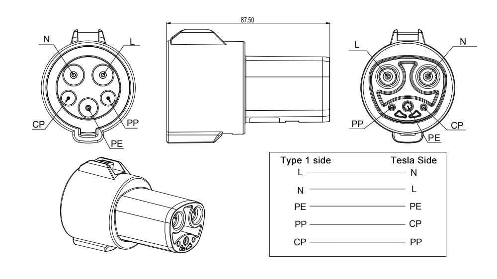 Planet Gates Khons EVSE Adaptor 16A 32A 60A Electric Vehicle EV Charger SAE J1772 Socket Type 1 To Tesla Connector EV Adapter For Charging