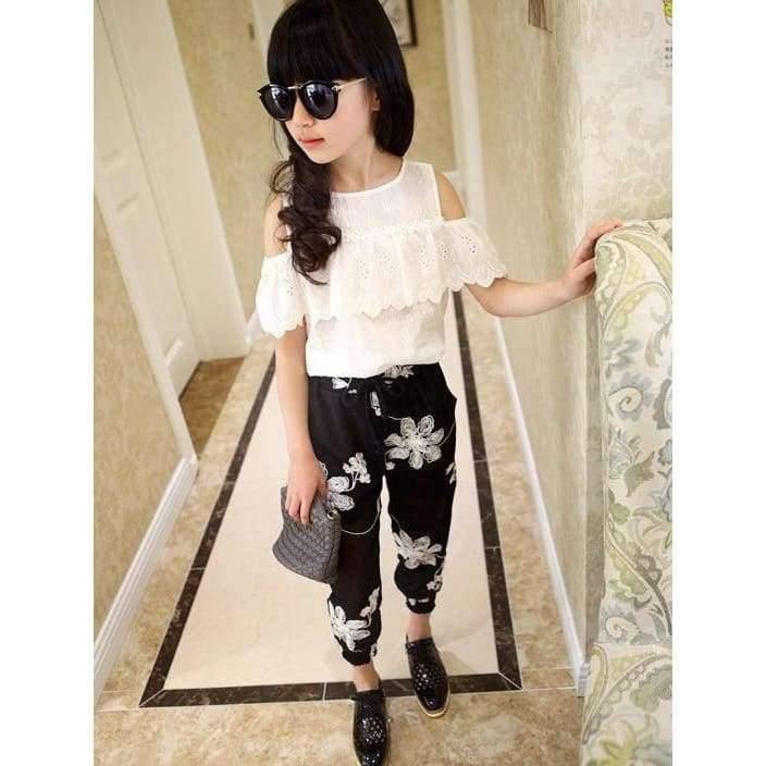 Planet Gates Kids Fashion Girls Clothing Sets 2 pcs White Lace Blouse Top & Black Flowers Pants Set for Teenage Girls Clothes Set