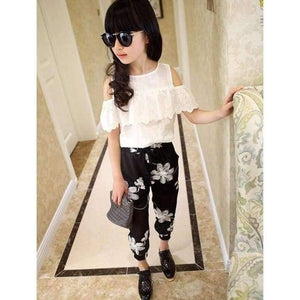 Planet Gates Kids Fashion Girls Clothing Sets 2 pcs White Lace Blouse Top & Black Flowers Pants Set for Teenage Girls Clothes Set