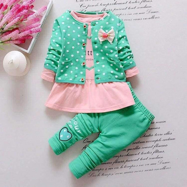 Planet Gates Kids Spring baby girls clothing sets wave point clothing set baby girls cotton clothes suit childern cartoon 3pcs suit