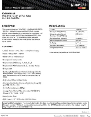 Planet Gates Kingston 8GB DDR 3 1600Mhz Desktop Value Ram KVR16N11/8