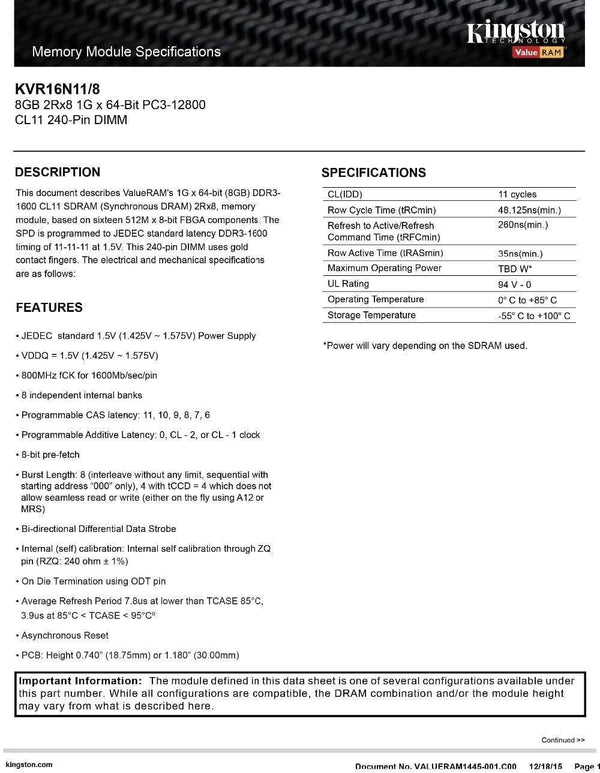 Planet Gates Kingston 8GB DDR 3 1600Mhz Desktop Value Ram KVR16N11/8