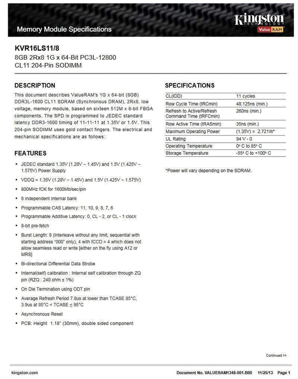 Planet Gates Kingston  DDR3L 8GB  1600Mhz DDR3 8 GB Low Voltage SO-DIMM Notebook Ram (KVR16LS11/8GB)