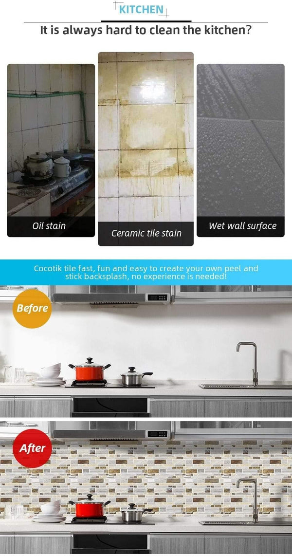 Kitchen Bathroom 3D Waterproof Self Adhesive Mosaic Wall Decal Cabinet Sticker Peel and Stick Backsplash Vinyl Tiles