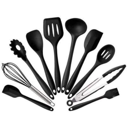 Planet Gates Kitchen Dining & Bar 10pcs Black Kitchen Silicone Cooking Tools Set Utensils Spoon Spatula Ladle Egg Beaters Cuisine Nonstick Gadgets Accessories Supplies Items