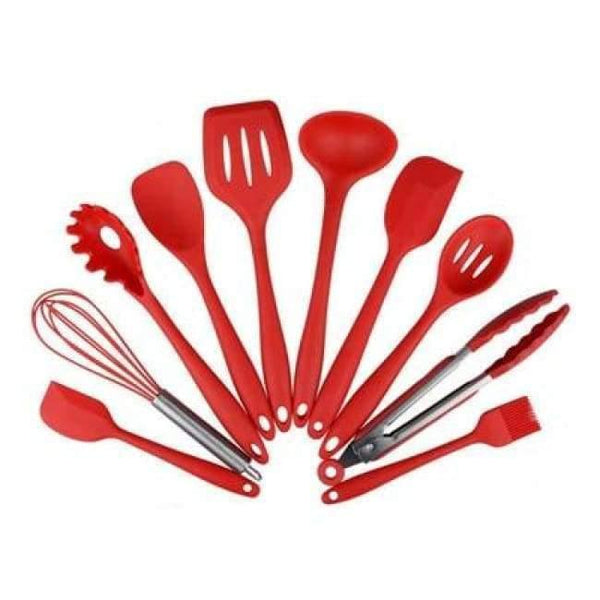 Kitchen Silicone Cooking Tools Set Utensils Spoon Spatula Ladle Egg Beaters Cuisine Nonstick Gadgets Accessories Supplies Items - 10Pcs Red