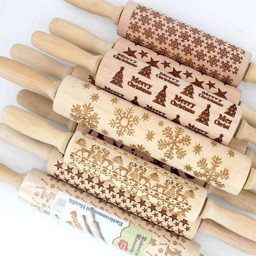Planet Gates Kitchen Dining & Bar 43cm Christmas Embossing Rolling Pin Engraved Carved Wood Embossed Rolling Pin Snowflake Reindeer baking