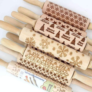 Planet Gates Kitchen Dining & Bar 43cm Christmas Embossing Rolling Pin Engraved Carved Wood Embossed Rolling Pin Snowflake Reindeer baking