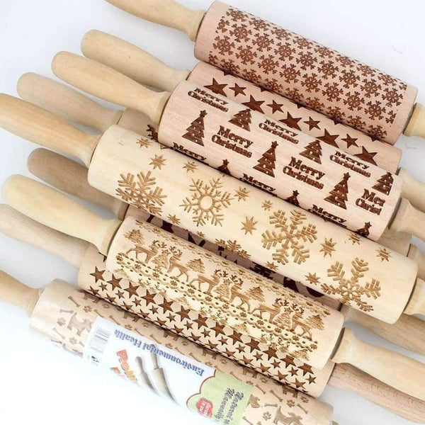 Planet Gates Kitchen Dining & Bar 43cm Christmas Embossing Rolling Pin Engraved Carved Wood Embossed Rolling Pin Snowflake Reindeer baking