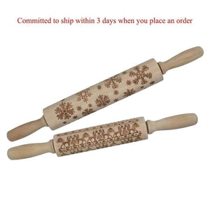 Planet Gates Kitchen Dining & Bar 43cm Christmas Embossing Rolling Pin Engraved Carved Wood Embossed Rolling Pin Snowflake Reindeer baking