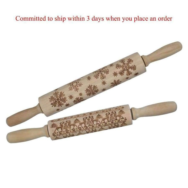 Planet Gates Kitchen Dining & Bar 43cm Christmas Embossing Rolling Pin Engraved Carved Wood Embossed Rolling Pin Snowflake Reindeer baking