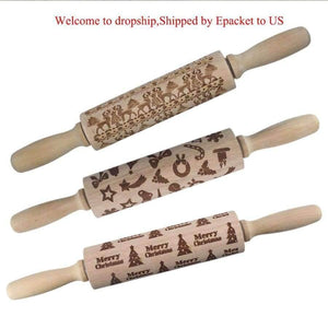 Planet Gates Kitchen Dining & Bar 43cm Christmas Embossing Rolling Pin Engraved Carved Wood Embossed Rolling Pin Snowflake Reindeer baking