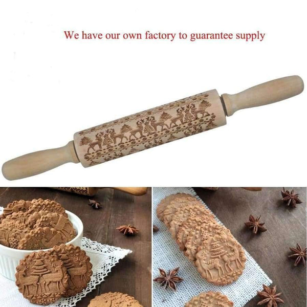 Planet Gates Kitchen Dining & Bar 43cm Christmas Embossing Rolling Pin Engraved Carved Wood Embossed Rolling Pin Snowflake Reindeer baking