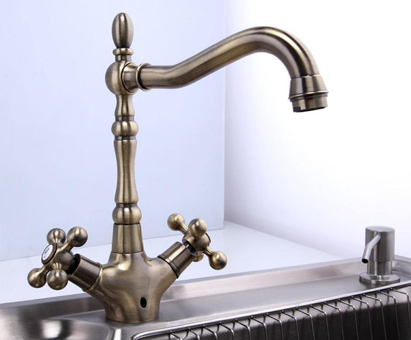 Planet Gates Kitchen Faucets Antique Brass Bathroom Sink Faucet Spout Double Cross Handle 360 Degree Swivel Bath Basin Mixer Tap F4019-4