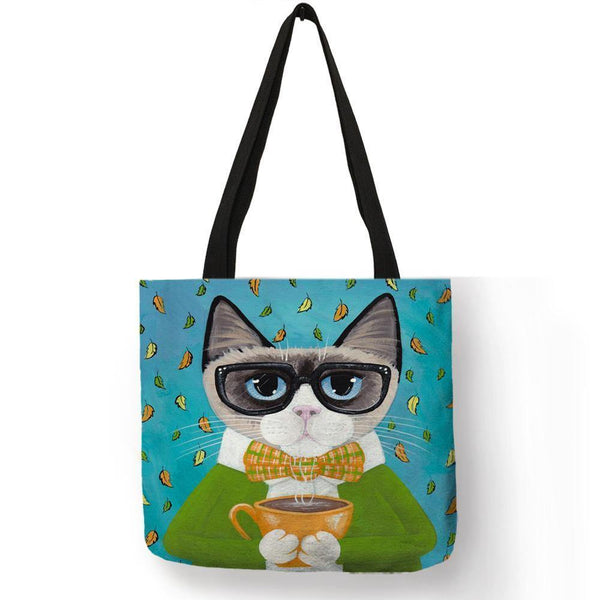 Planet Gates Kitty Cat Tote Bag For Women Lady Folding Reusable Linen Shopping Bag With Print Travel School Bags Handbag