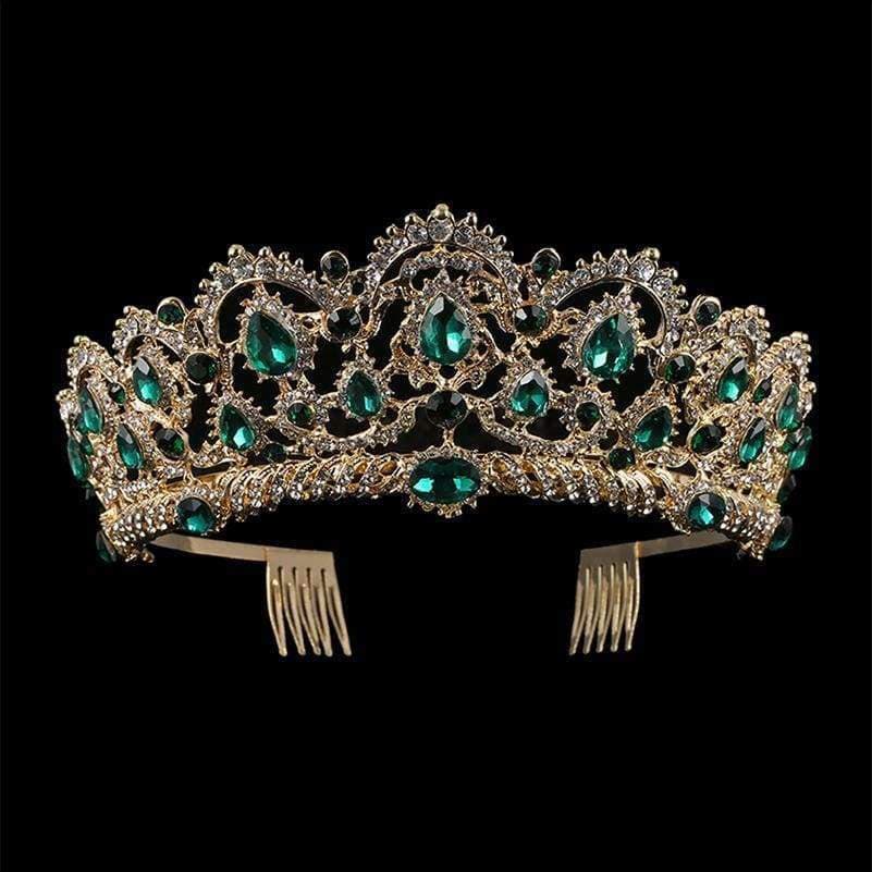 Planet Gates KMVEXO European Drop Green Red Crystal Tiaras Vintage Gold Rhinestone Pageant Crowns With Comb Baroque Wedding Hair Accessories