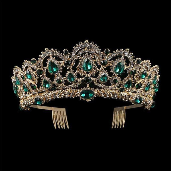Planet Gates KMVEXO Europæiske Dråbe Grønne Røde Krystal Tiaraer Vintage Guld Rhinestone Pageant Kroner Med Kam Barok Bryllupshårtilbehør