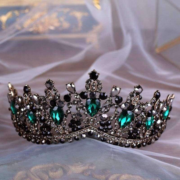 Planet Gates KMVEXO European Green Crystal Tiaras Vintage Black Rhinestone Pageant Crown Baroque Bridal Wedding Hair Jewelry Accessories Gift