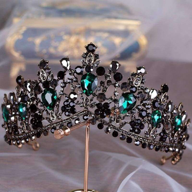 Planet Gates KMVEXO European Green Crystal Tiaras Vintage Black Rhinestone Pageant Crown Baroque Bridal Wedding Hair Jewelry Accessories Gift