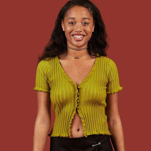 Planet Gates Knitted Short Ruffles Sleeve Shirt Crop Top Unif Sexy Street Wear White Femme Short Sleeve funny T Shirt Summer