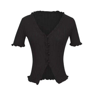 Planet Gates Knitted Short Ruffles Sleeve Shirt Crop Top Unif Sexy Street Wear White Femme Short Sleeve funny T Shirt Summer