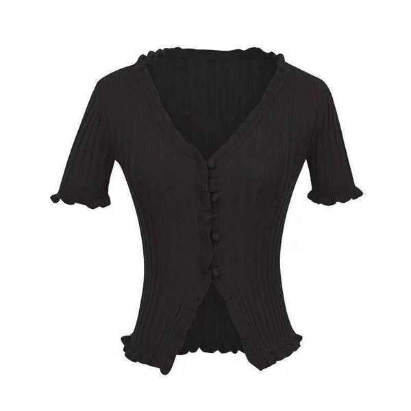 Planet Gates Knitted Short Ruffles Sleeve Shirt Crop Top Unif Sexy Street Wear White Femme Short Sleeve funny T Shirt Summer