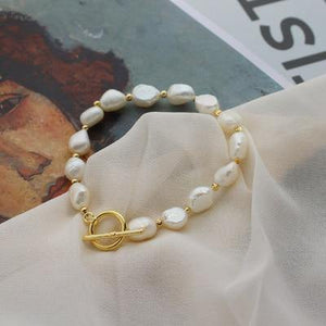 Planet Gates Korean New Round Buckle Heart-shaped Natural Pearl Gold Plating Bracelets for Women Girls Party Jewelry Gifts