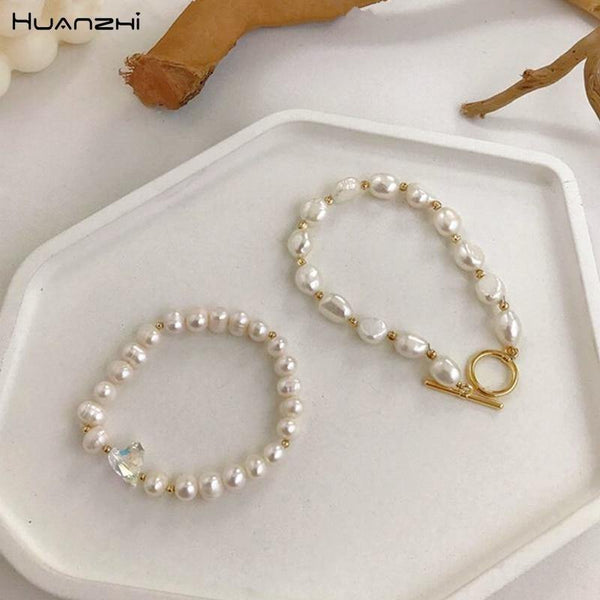 Planet Gates Korean New Round Buckle Heart-shaped Natural Pearl Gold Plating Bracelets for Women Girls Party Jewelry Gifts