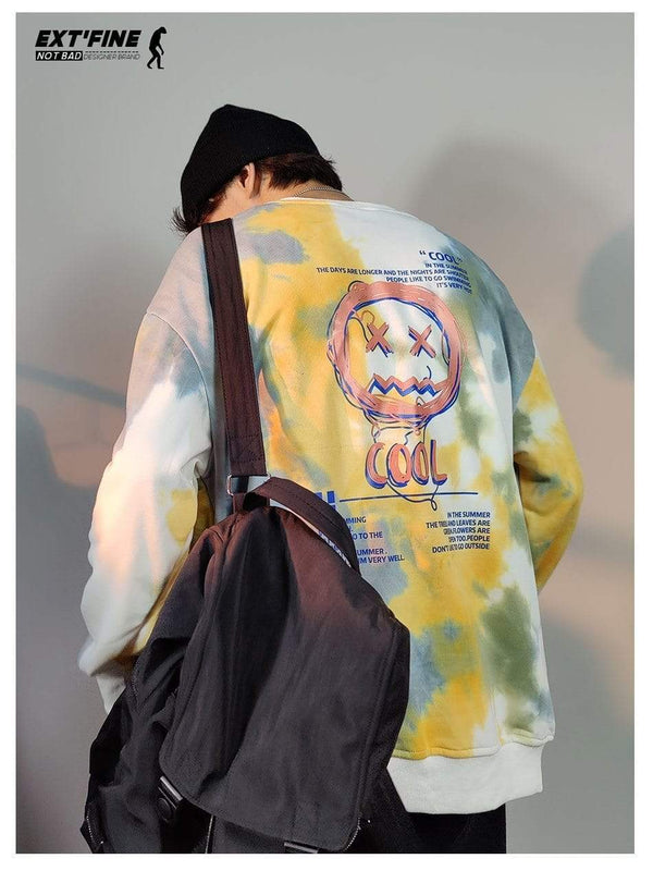 Planet Gates Korean Tie Dye Sweatshirts For Men Overszied Hoodies Hip Hop Smile Face Printed Man Casual Baggy Sweatshirt Clothes