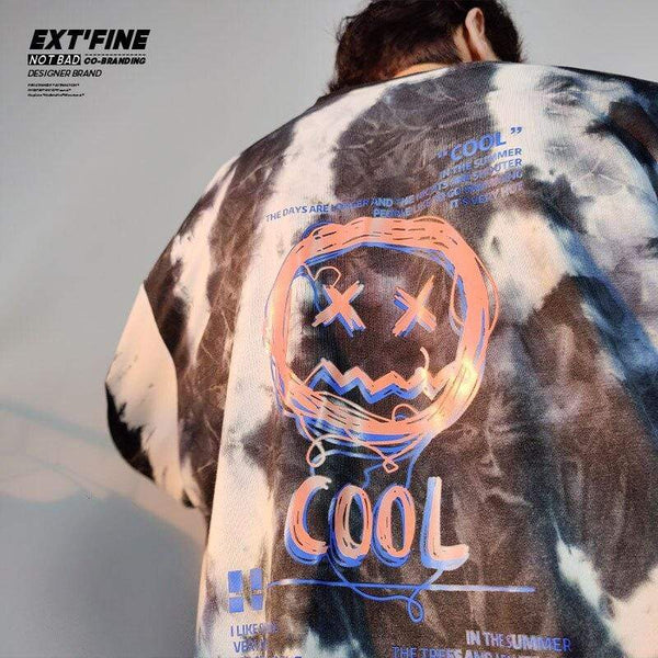 Planet Gates Korean Tie Dye Sweatshirts For Men Overszied Hoodies Hip Hop Smile Face Printed Man Casual Baggy Sweatshirt Clothes