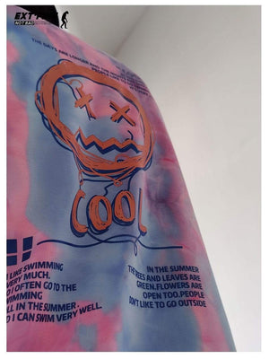 Planet Gates Korean Tie Dye Sweatshirts For Men Overszied Hoodies Hip Hop Smile Face Printed Man Casual Baggy Sweatshirt Clothes