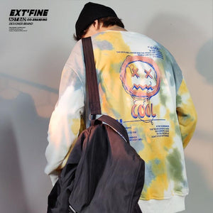 Planet Gates Korean Tie Dye Sweatshirts For Men Overszied Hoodies Hip Hop Smile Face Printed Man Casual Baggy Sweatshirt Clothes