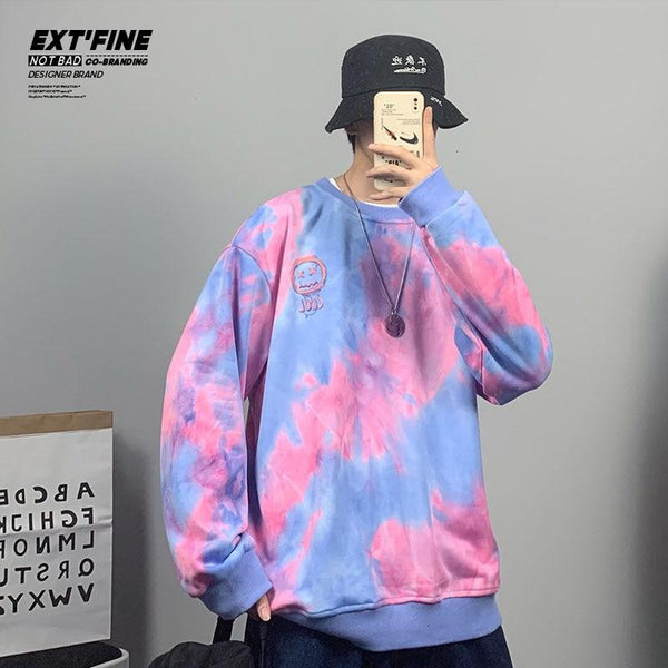 Planet Gates Korean Tie Dye Sweatshirts For Men Overszied Hoodies Hip Hop Smile Face Printed Man Casual Baggy Sweatshirt Clothes