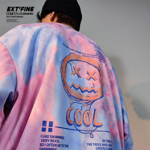 Planet Gates Korean Tie Dye Sweatshirts For Men Overszied Hoodies Hip Hop Smile Face Printed Man Casual Baggy Sweatshirt Clothes